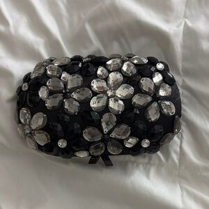 Olga Berg Black and Silver Floral Clutch